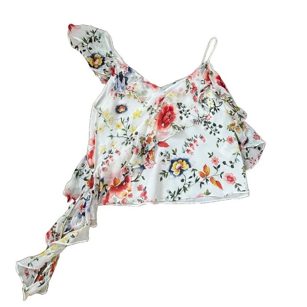⭐️ALICE + OLIVIA - PAULINA WHITE SILK SHEER FLORAL ASYMMETRICAL SILK TANK TOP⭐️